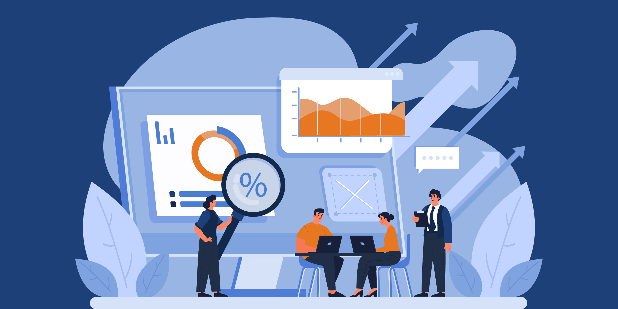 Productive workers in front of upward trending ROI Graphs
